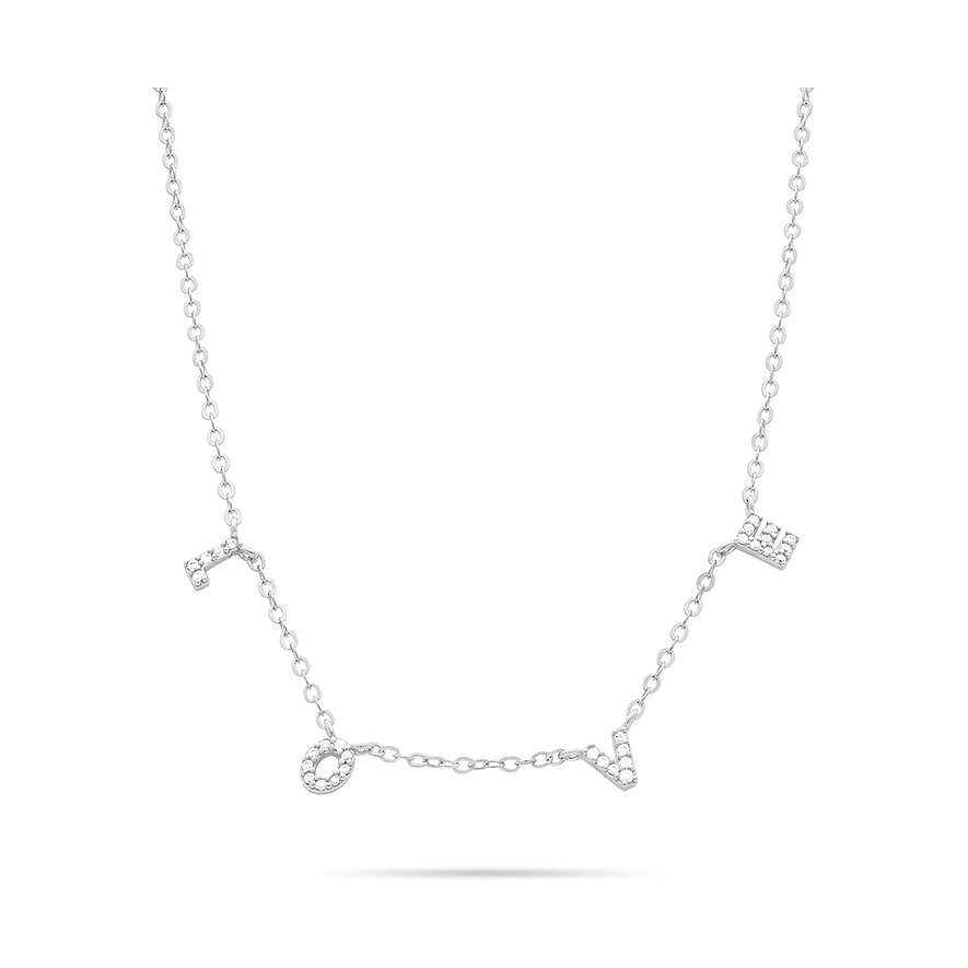 Närbild av ett silverfärgat Tamaris halsband med zirkoniabesatta bokstäver som bildar ordet 