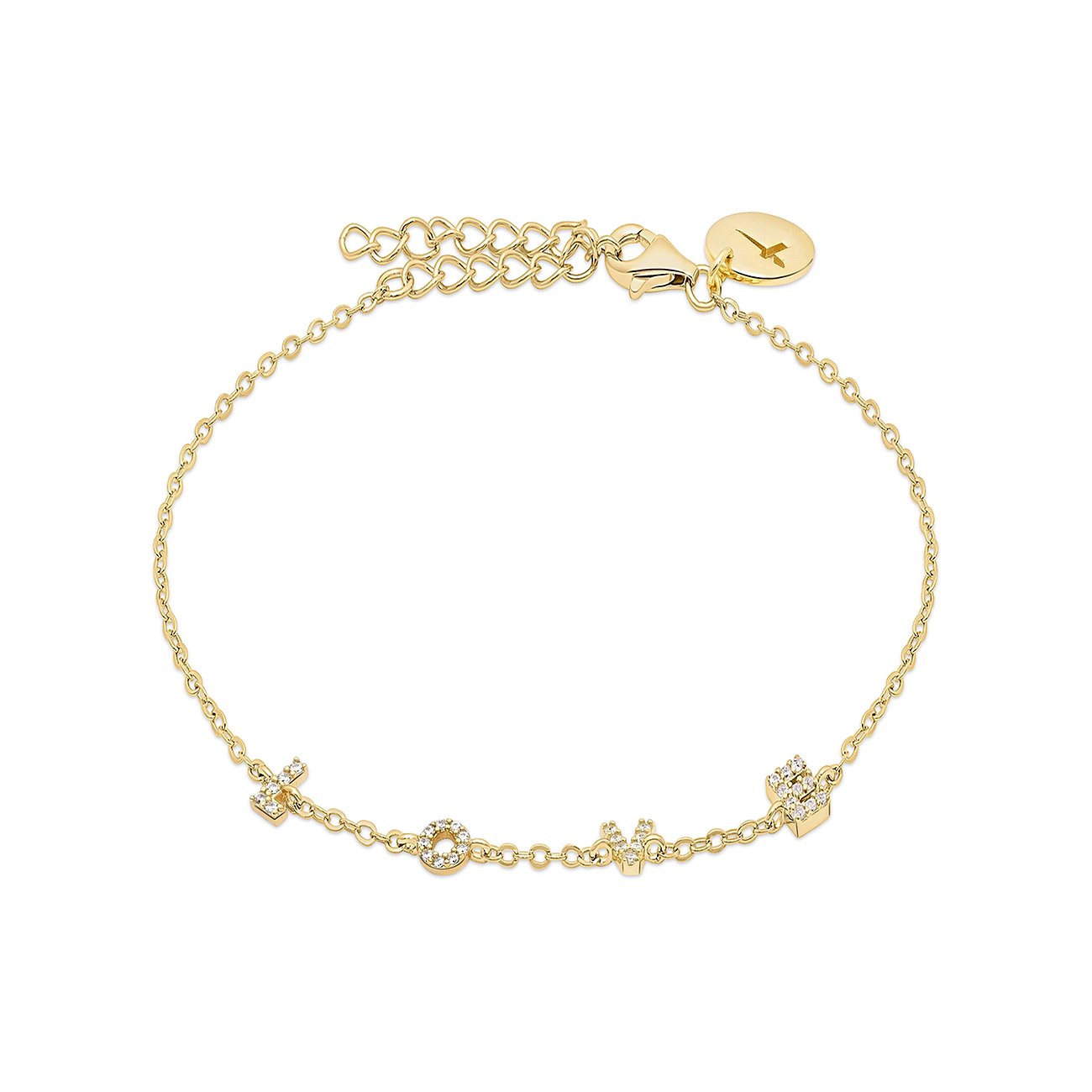 Ein zartes goldenes Tamaris Silberarmband mit Schmetterlings-, Herz- und Blumenanhängern, besetzt mit Zirkonia.