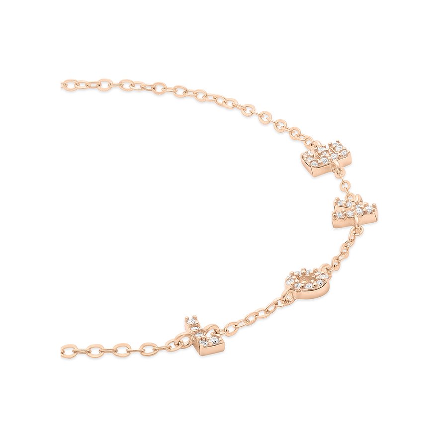 Close-up eines roségoldenen Tamaris Armschmucks aus 925er Silber mit Zirkonia-Steinen, die „LOVE“ formen.
