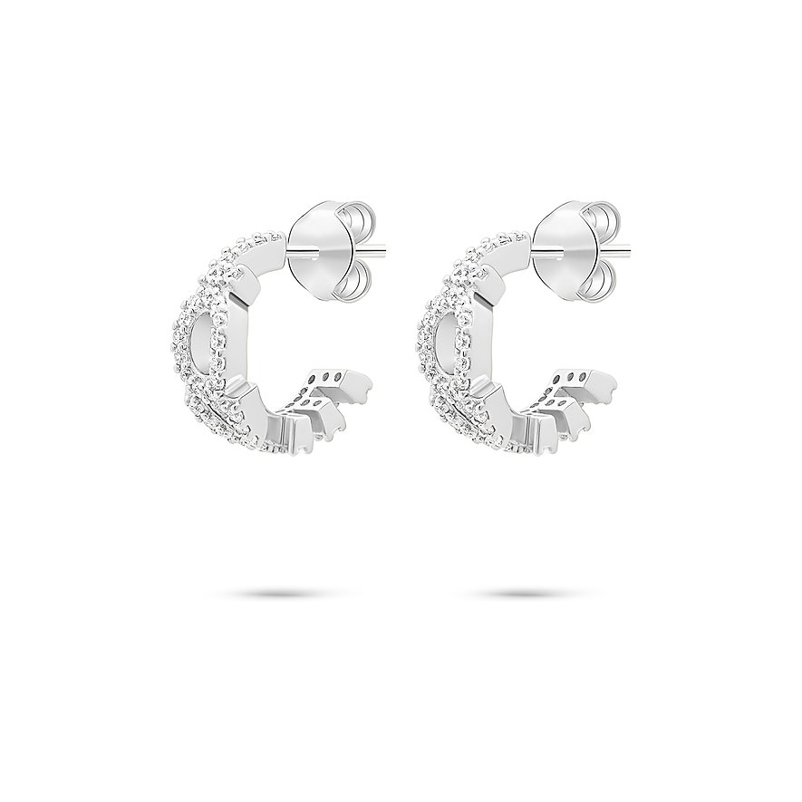 Ett par glänsande Tamaris creoler i 925 sterling silver med zirkonia, liggandes på en vit yta.
