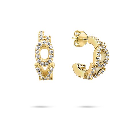 Zwei goldfarbene Tamaris Creolen aus Silber 925 mit Zirkonia-Pavé in der Form der Buchstaben L O V E.