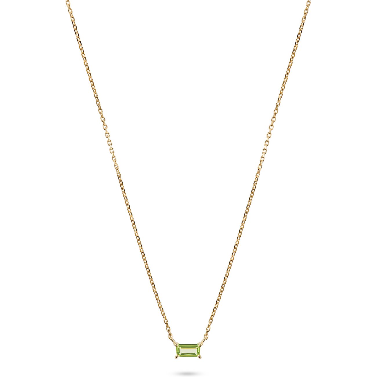 CHRIST Halsschmuck aus 585 Gelbgold mit einem rechteckigen Peridot im Baguette-Schliff zentral an der Kette.
