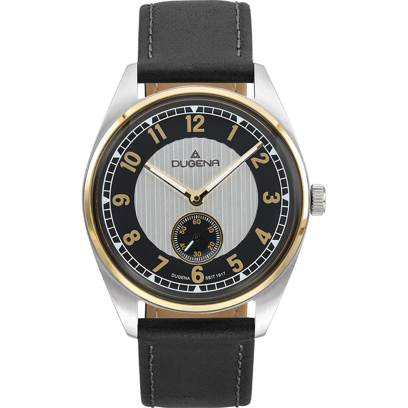 Dugena Herrenuhr aus Edelstahl mit schwarzem und goldenem Zifferblatt und schwarzem Lederarmband.