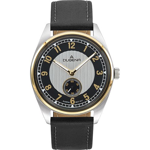 Dugena Herrenuhr aus Edelstahl mit schwarzem und goldenem Zifferblatt und schwarzem Lederarmband.
