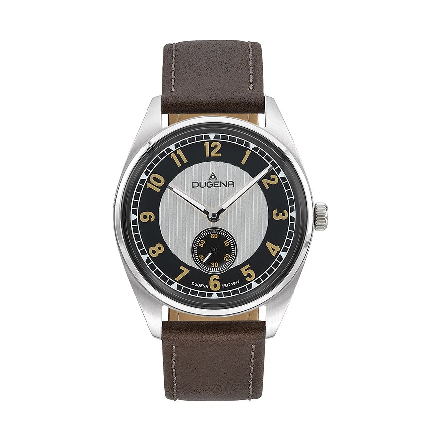 Dugena Herrenuhr aus Edelstahl mit braunem Lederarmband und silberfarben-schwarzem Zifferblatt.