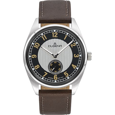Dugena Herrenuhr aus Edelstahl mit braunem Lederarmband und silberfarben-schwarzem Zifferblatt.