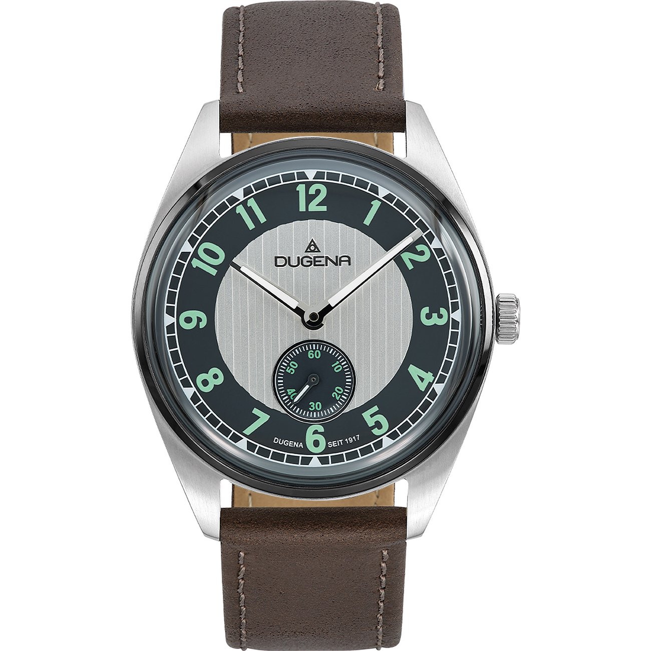 Eine runde Dugena Herrenuhr aus Edelstahl mit braunem Lederarmband, hellem Zifferblatt und grünen Zahlen.