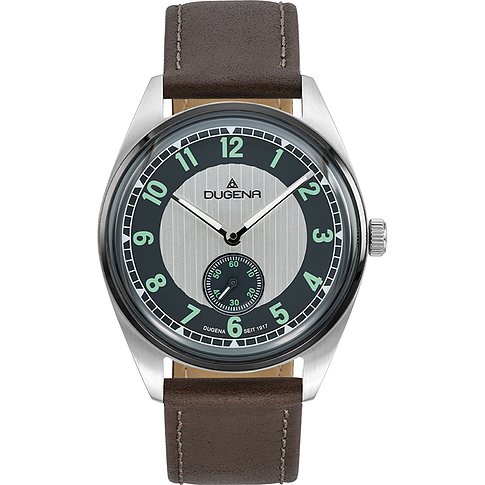 Eine runde Dugena Herrenuhr aus Edelstahl mit braunem Lederarmband, hellem Zifferblatt und grünen Zahlen.