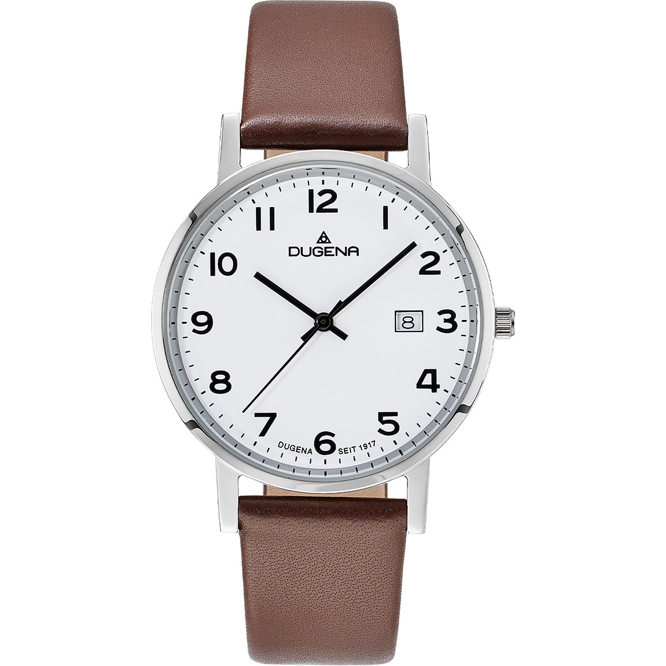 Dugena Herrenuhr aus Edelstahl mit braunem Lederarmband und weißem Zifferblatt, mittig von oben betrachtet.