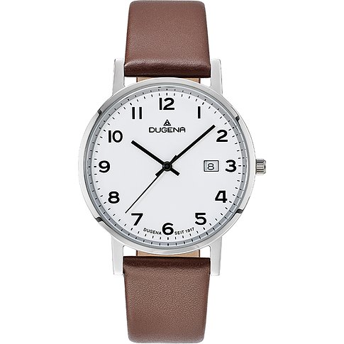 Dugena Herrenuhr aus Edelstahl mit braunem Lederarmband und weißem Zifferblatt, mittig von oben betrachtet.