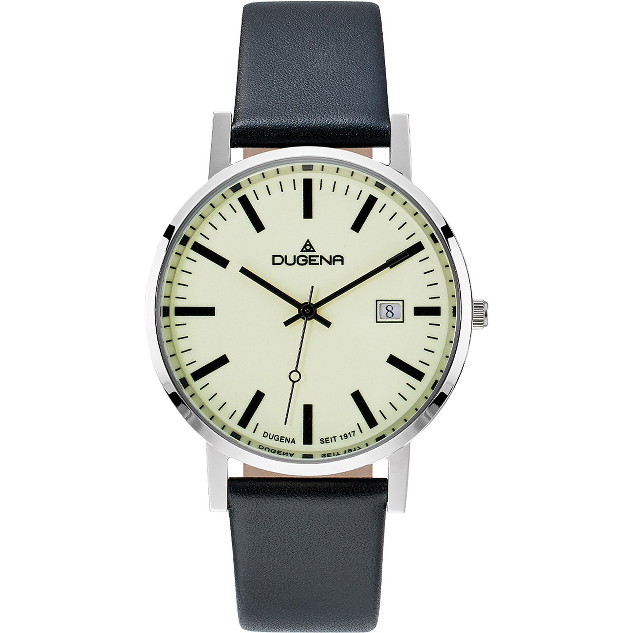 Dugena herenhorloge van roestvrij staal met een lichte wijzerplaat, datumaanduiding en een zwarte leren band.
