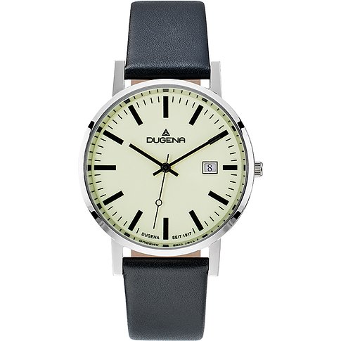 Dugena Herrenuhr aus Edelstahl mit hellem Zifferblatt, Datumsanzeige und einem schwarzen Lederarmband.