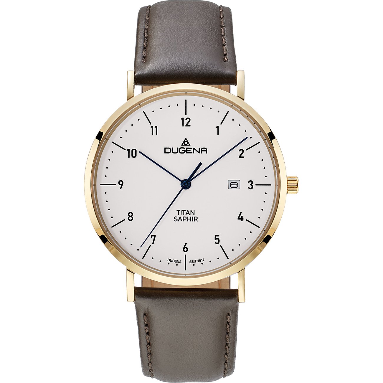 Dugena Herrenuhr aus Titan mit goldenem Gehäuse, weißem Zifferblatt und grauem Lederarmband, frontale Ansicht.