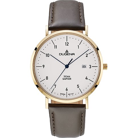 Dugena Herrenuhr aus Titan mit goldenem Gehäuse, weißem Zifferblatt und grauem Lederarmband, frontale Ansicht.