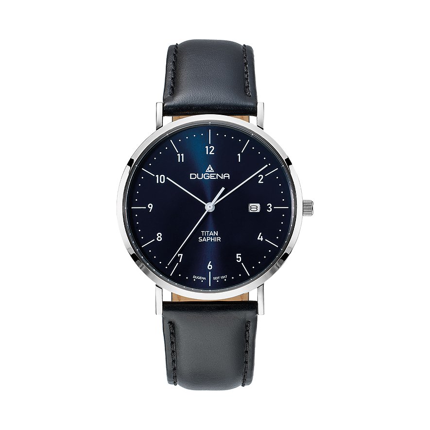 Dugena Herrenuhr aus Titan mit schwarzem Lederarmband und blauem Zifferblatt, von oben mittig aufgenommen.