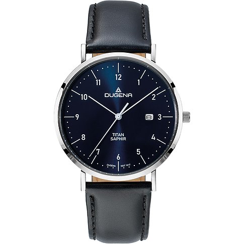 Dugena Herrenuhr aus Titan mit schwarzem Lederarmband und blauem Zifferblatt, von oben mittig aufgenommen.