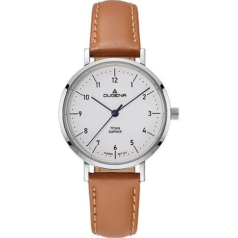 Dugena Damenuhr aus Titan mit weißem Zifferblatt, silbernen Markierungen und blauem Zeiger an einem braunen Lederarmband.