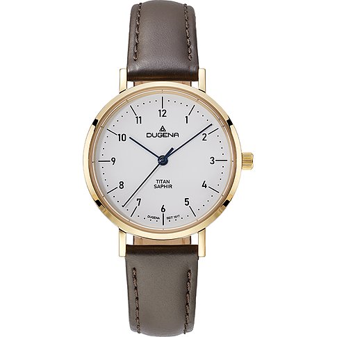Dugena Damenuhr aus Titan mit goldenem Gehäuse und grauem Lederarmband, auf einem weißen Hintergrund.