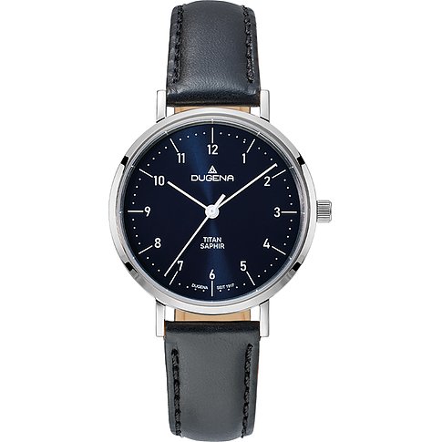 Dugena Damenuhr aus Titan mit dunkelblauem Zifferblatt und einem schwarzen Armband aus Leder, frontale Ansicht.