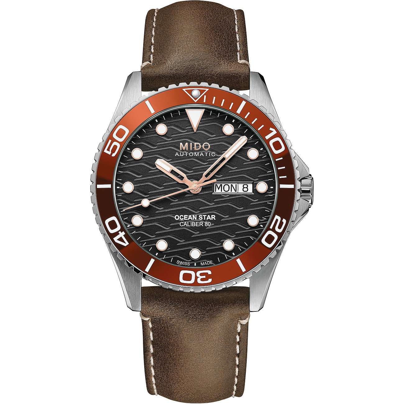 Mido Herrenuhr aus Edelstahl mit braunem Lederarmband und schwarzem Zifferblatt mit Wellenmuster.