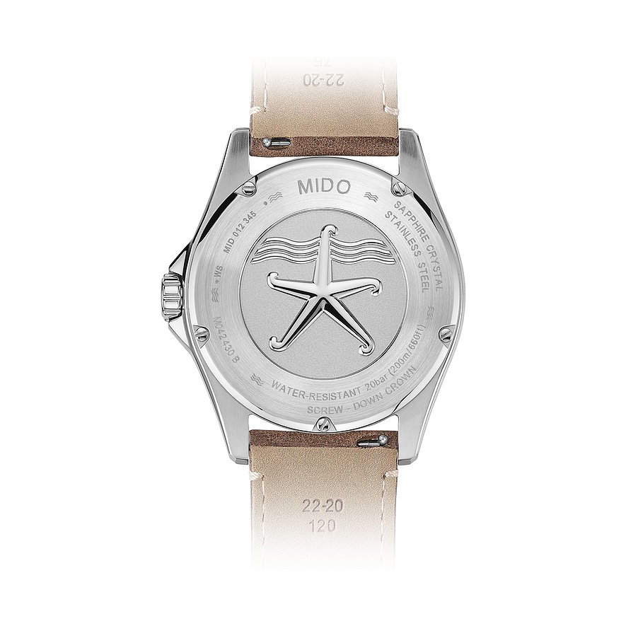Rückseite einer Mido Herrenuhr aus Edelstahl mit braunem Lederarmband und einem Seestern-Relief.
