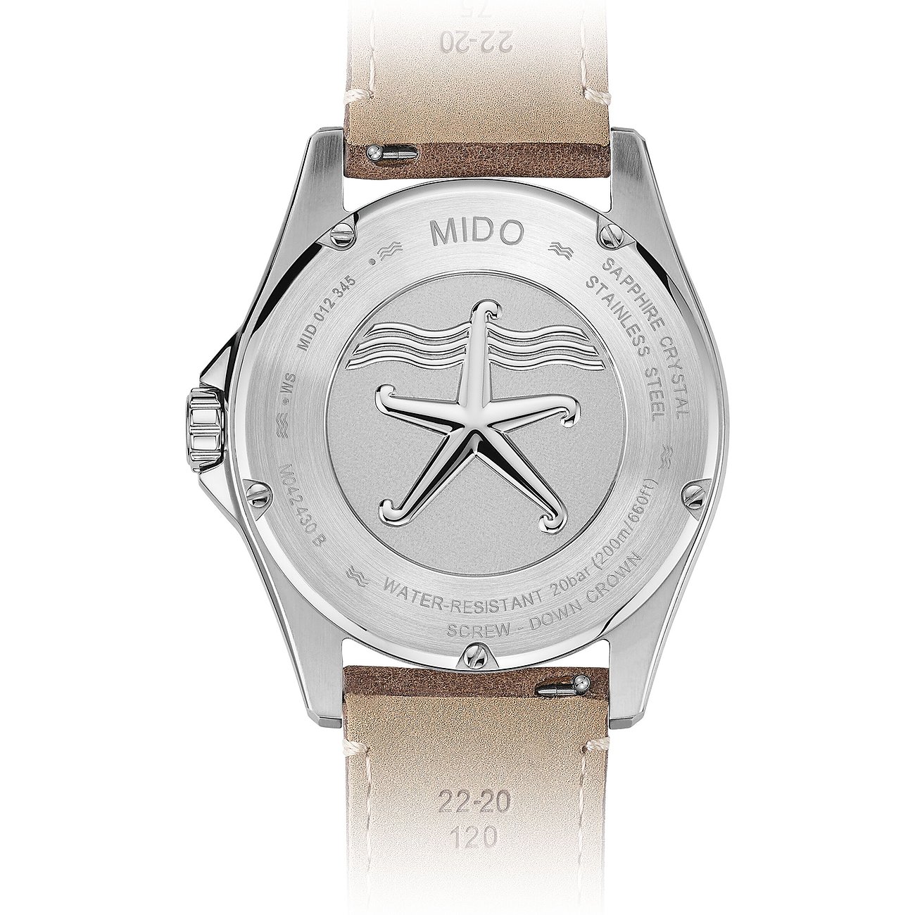 Rückseite einer Mido Herrenuhr aus Edelstahl mit braunem Lederarmband und einem Seestern-Relief.