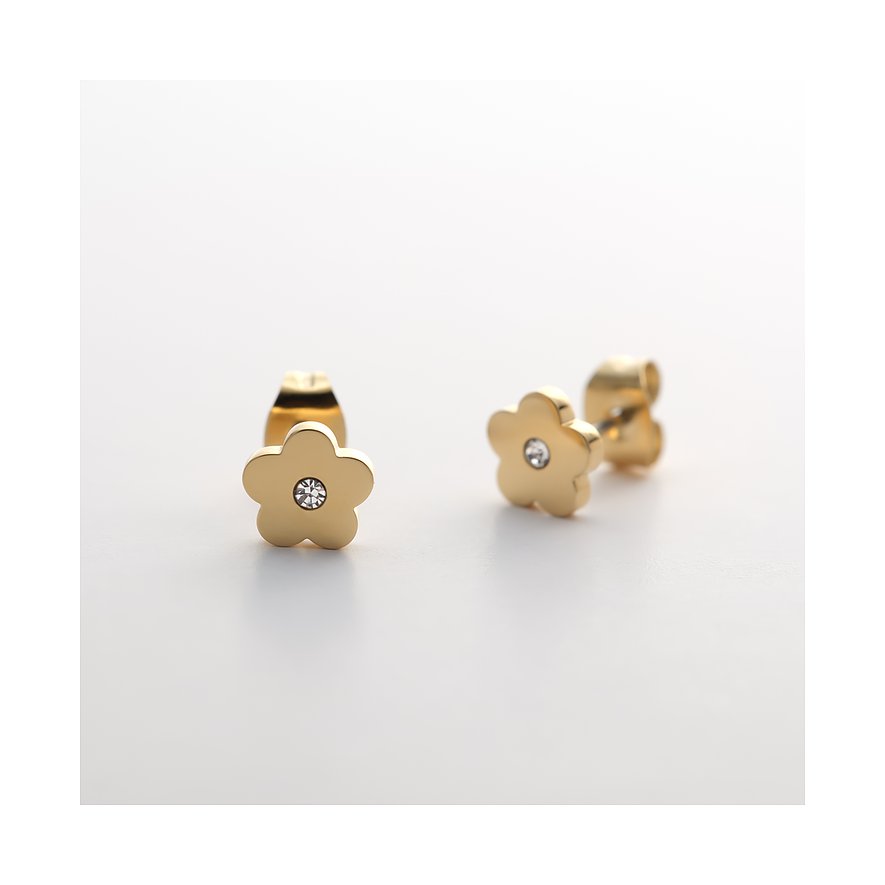 FAVS Little Friends Ohrstecker aus goldfarbenem Edelstahl in Blumenform mit Zirkonia, leicht schräg von vorne.