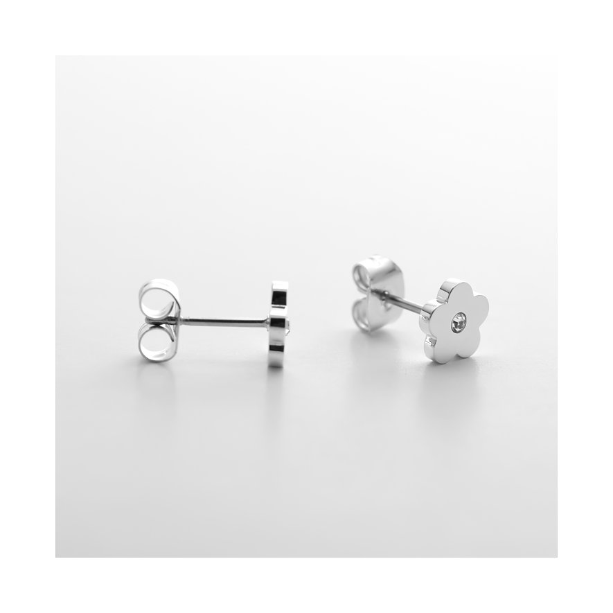 FAVS Little Friends Ohrstecker aus Edelstahl mit Blütendesign und Zirkonia. Zwei Ansichten von der Rückseite und Seite.