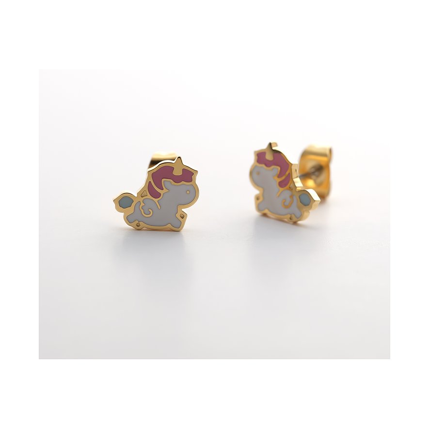 FAVS Little Friends Ohrstecker aus goldfarbenem Edelstahl und Emaille, geformt wie rosa Einhörner.