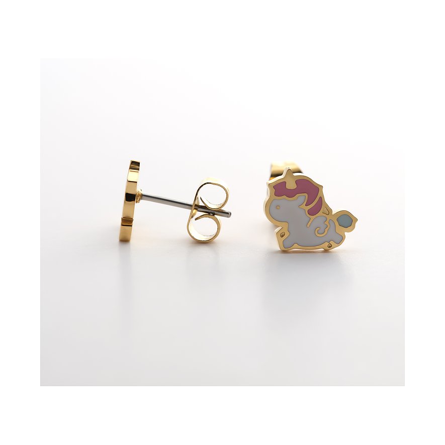 FAVS Little Friends Einhorn-Ohrstecker aus goldfarbenem Edelstahl mit weißer und pinker Emaille, seitlich dargestellt.