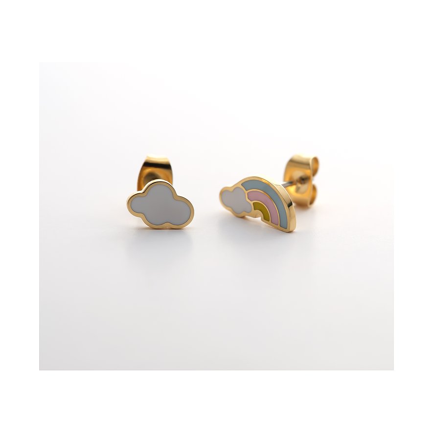 FAVS Little Friends Ohrstecker aus goldenem Edelstahl und Emaille, einer als Wolke, der andere als Regenbogen.
