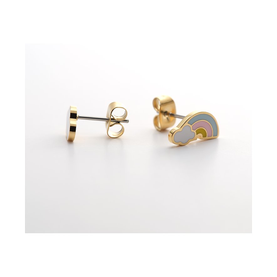 FAVS Little Friends Ohrstecker aus goldfarbenem Edelstahl und bunter Emaille in Form einer Regenwolke.