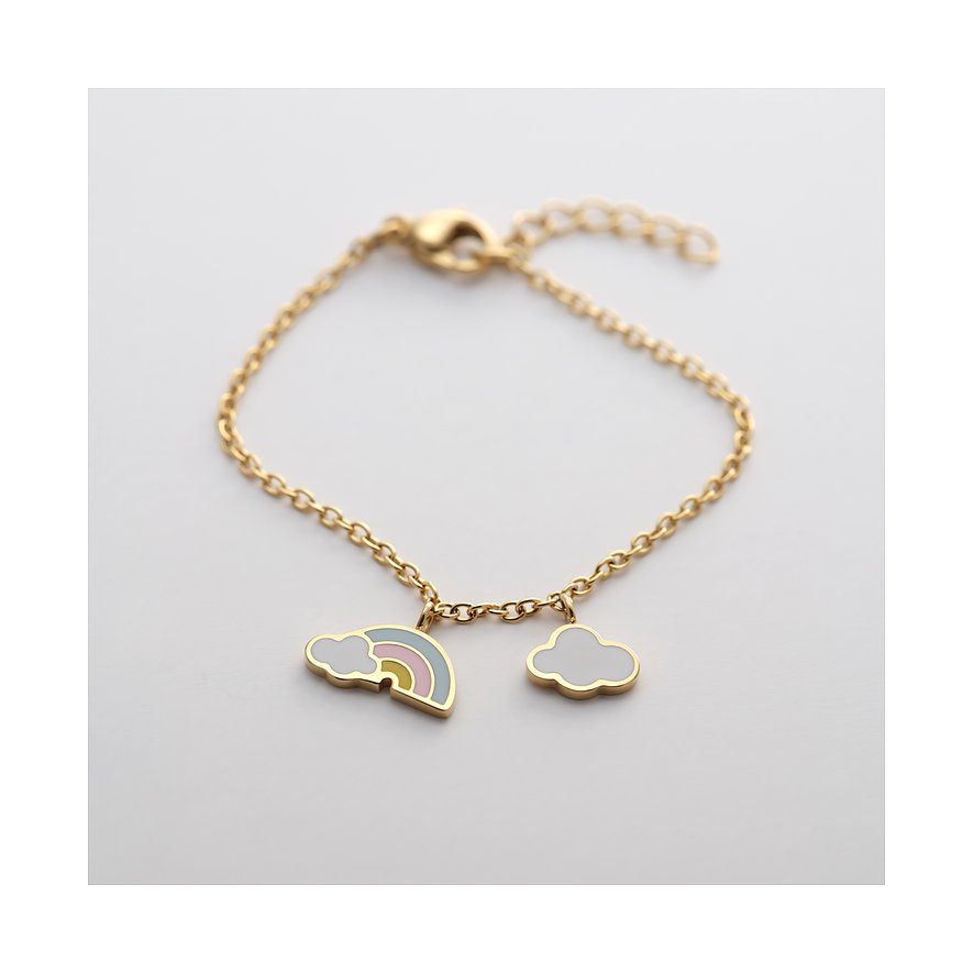 FAVS Little Friends Armschmuck aus gelb vergoldetem Edelstahl mit Regenbogen- und Wolken-Anhänger aus Emaille.