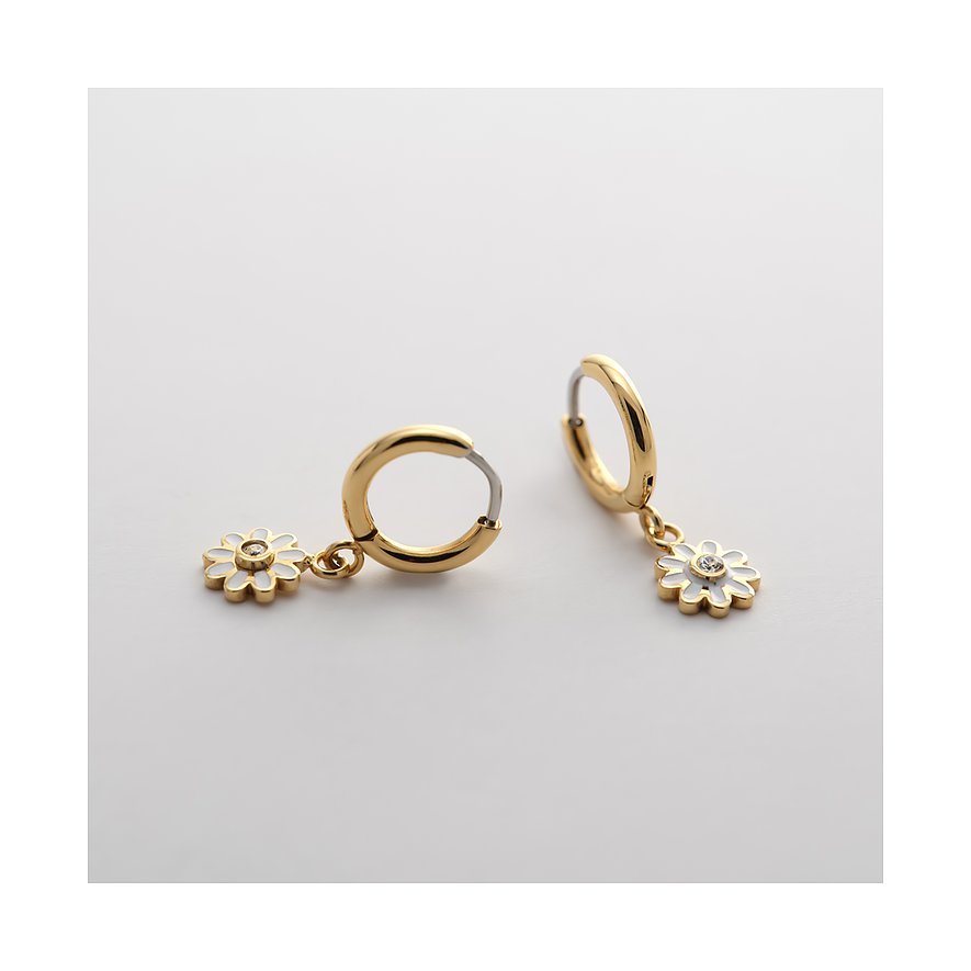 FAVS Little Friends Ohrschmuck aus gelbgoldenem Edelstahl und Emaille mit Zirkonia, als detaillierte Paaransicht.