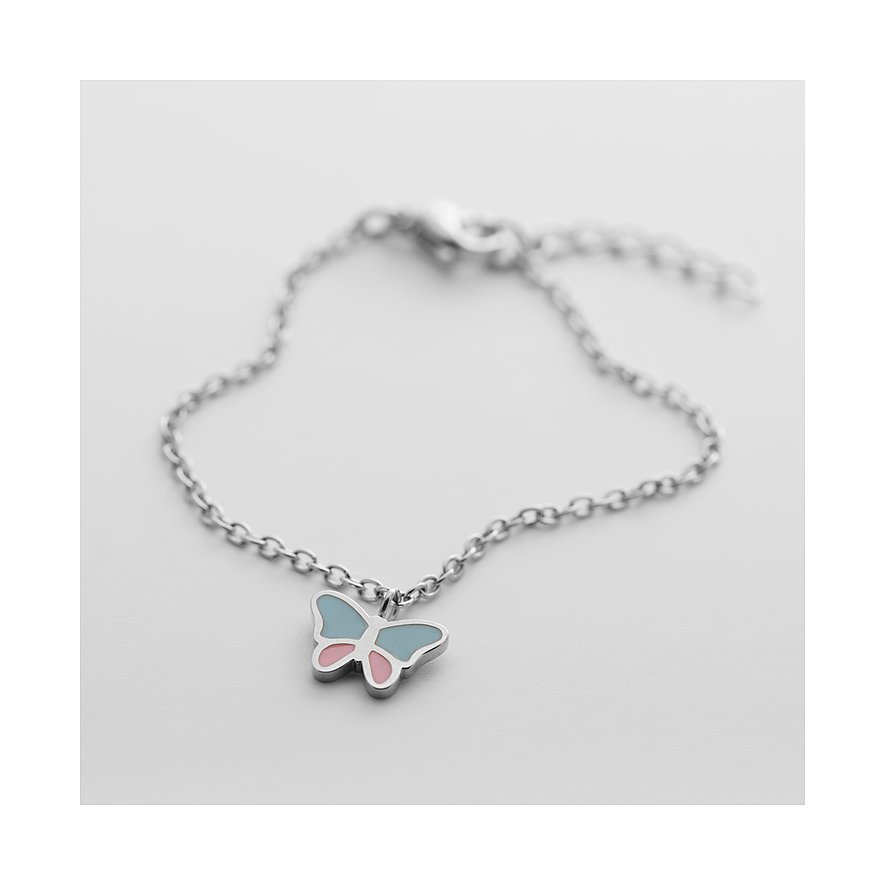 Bracelet FAVS Little Friends en acier inoxydable doré, avec pendentif papillon émaillé bleu et rose.