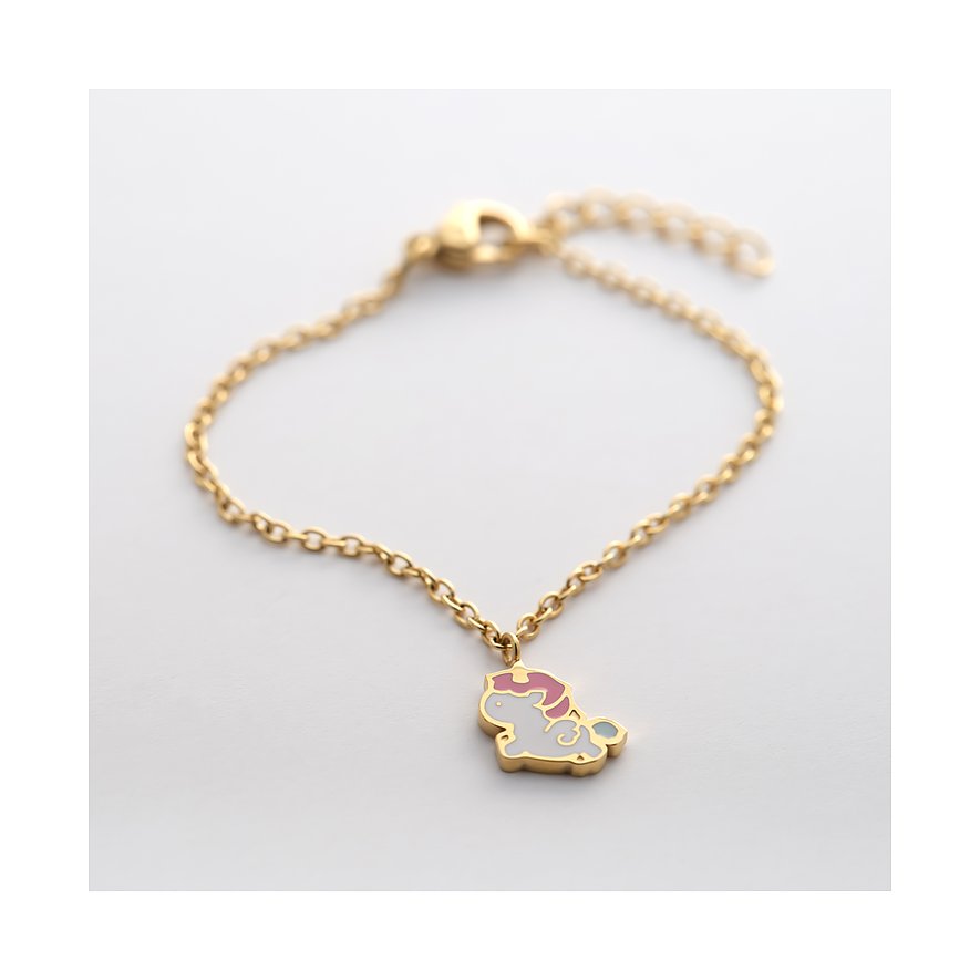 Bracelet FAVS Little Friends en acier inoxydable doré avec un pendentif licorne en émail blanc et crinière rose.