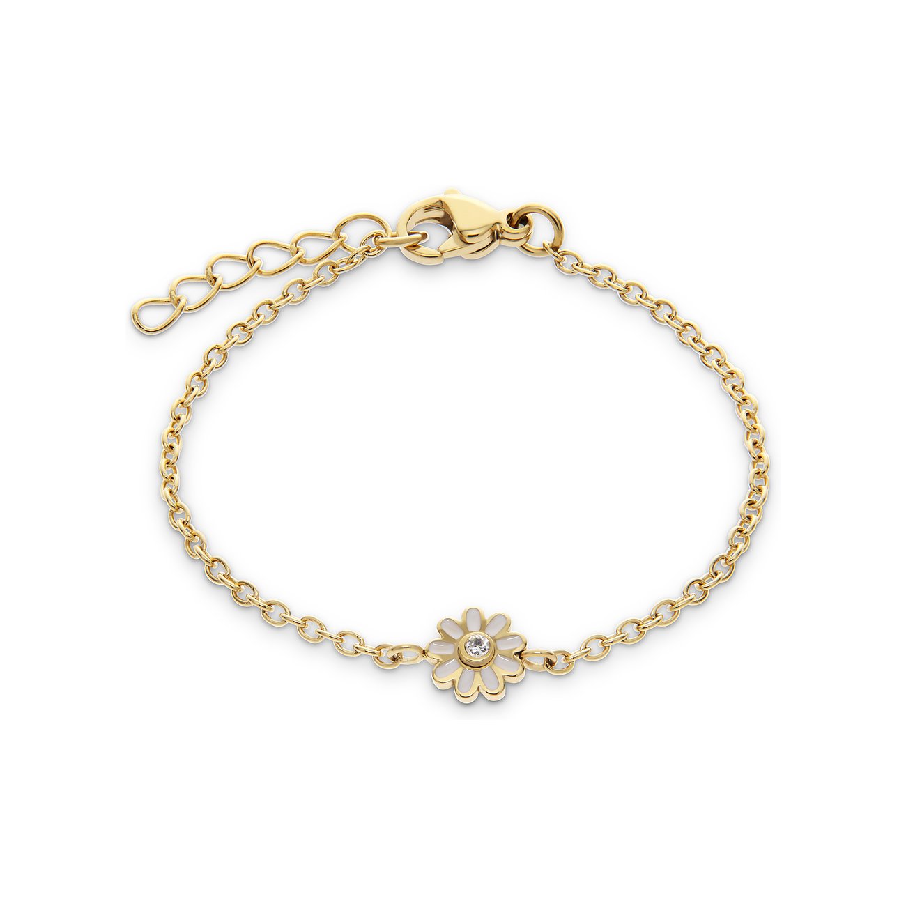Bracelet FAVS Little Friends en acier inoxydable doré avec fleur en émail blanc, ornée d'une pierre de zircone colorée.