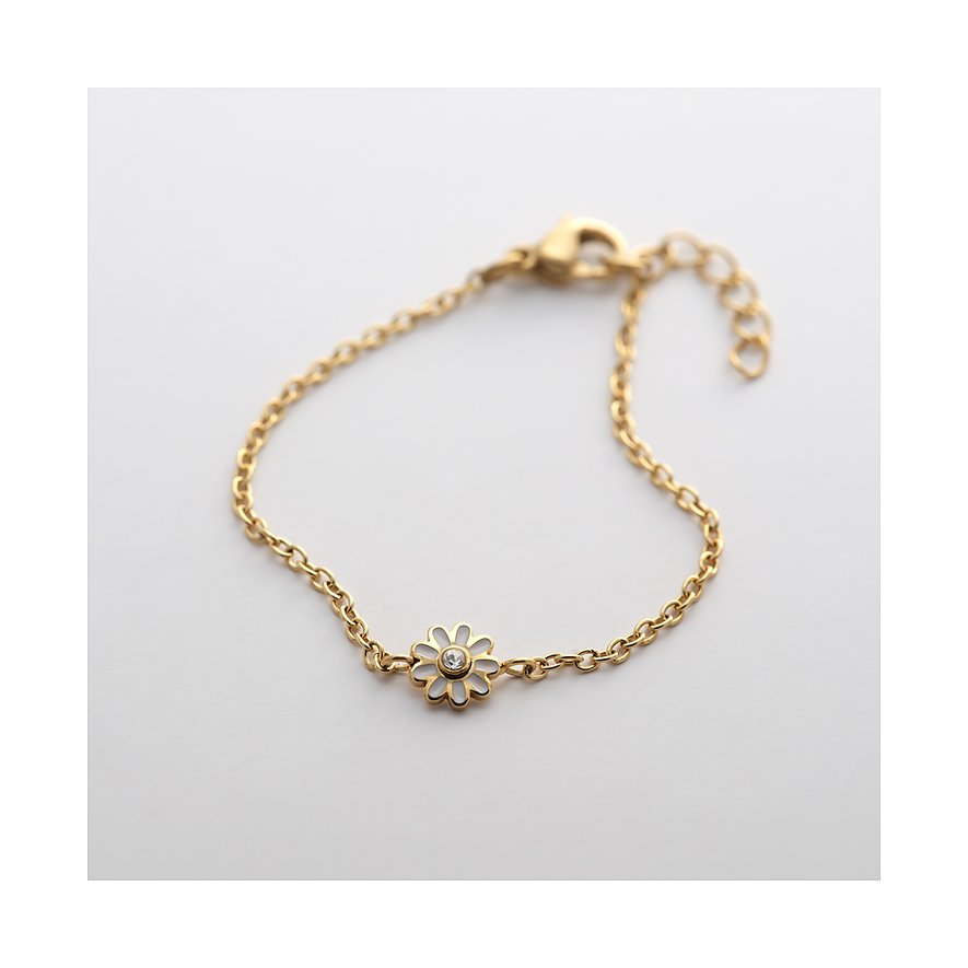 Bracelet FAVS Little Friends en acier inoxydable plaqué or avec une fleur en émail blanc, ornée d'une zircone.