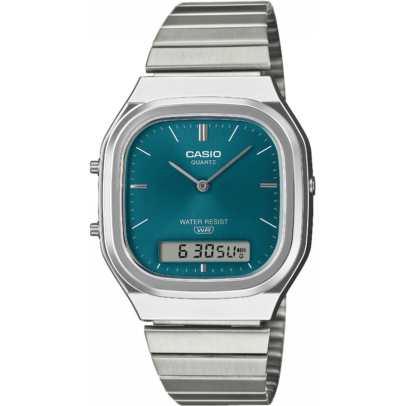 Casio Unisexuhr mit Resingehäuse und silbernem Resinarmband. Türkises Zifferblatt mit analoger und digitaler Anzeige.