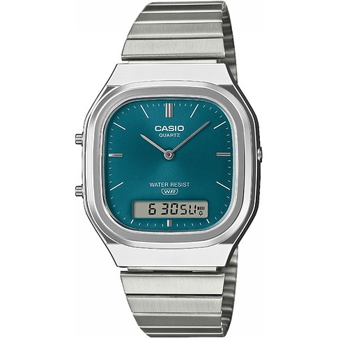 Casio Unisexuhr mit Resingehäuse und silbernem Resinarmband. Türkises Zifferblatt mit analoger und digitaler Anzeige.