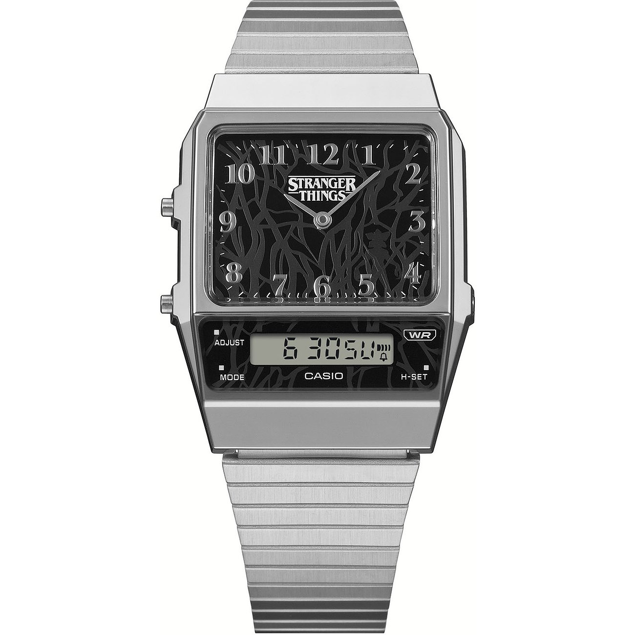 Casio Herrenuhr Stranger Things aus Resin mit analoger und digitaler Anzeige in Silber und Schwarz.