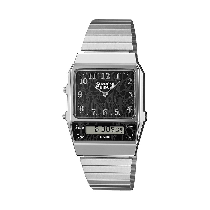 Casio Herrenuhr im Retro-Design mit dunkelgrauem Zifferblatt und silberfarbenes Resin-Gehäuse.