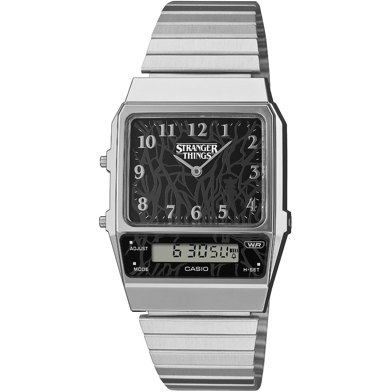 Casio Herrenuhr im Retro-Design mit dunkelgrauem Zifferblatt und silberfarbenes Resin-Gehäuse.