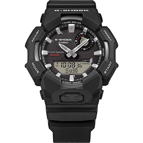 Casio G-Shock Herrenuhr aus Resin in Schwarz mit digitaler und analoger Anzeige sowie weißen Zeigern.
