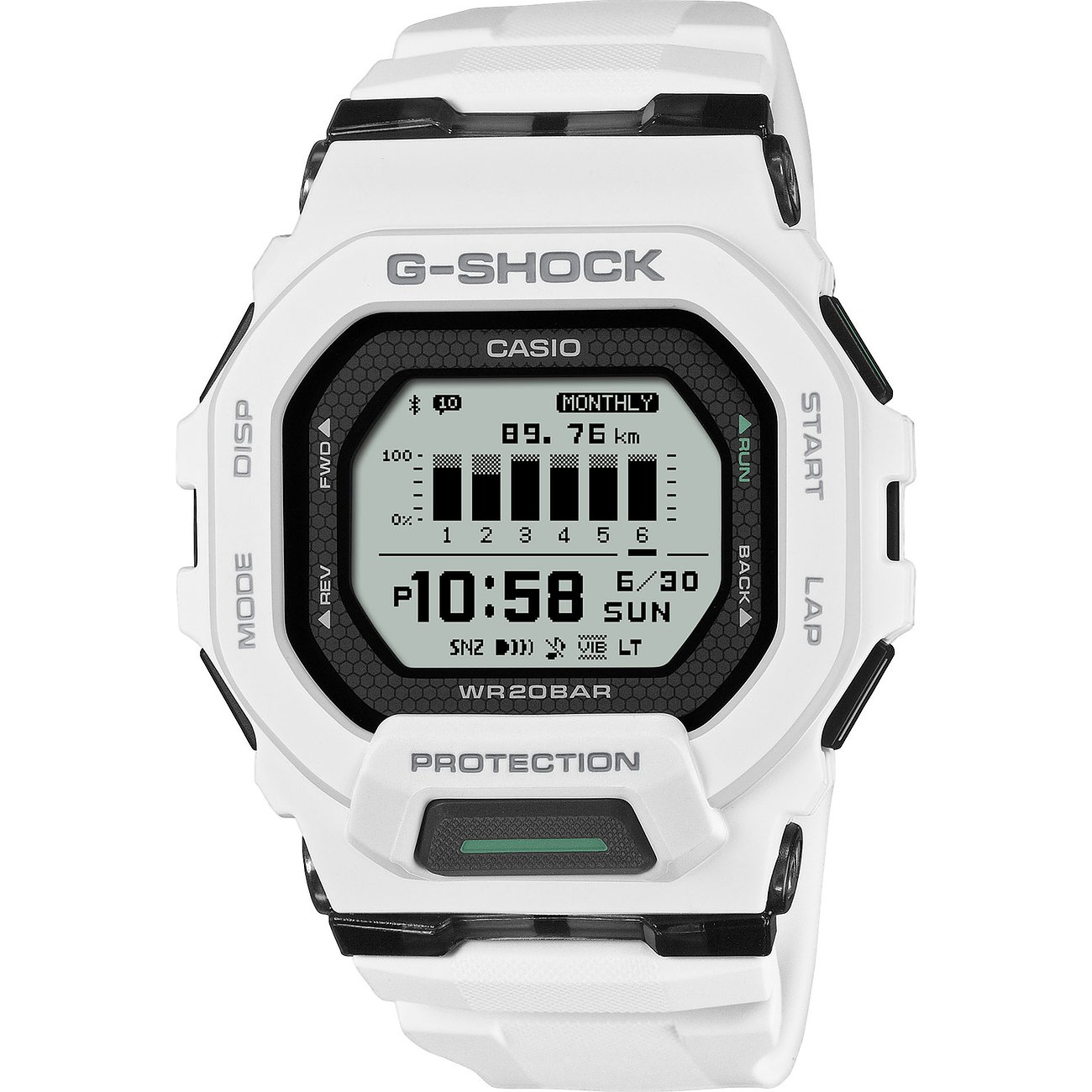 Eine weiße Casio G-Shock Herrenuhr aus Resin, die den digitalen Bildschirm mit Uhrzeit und Monatsstatistik zeigt.