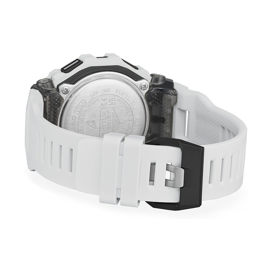 Rückansicht einer weißen Casio Herrenuhr aus Resin, die den Uhrenboden und das weiße Resin-Armband zeigt.