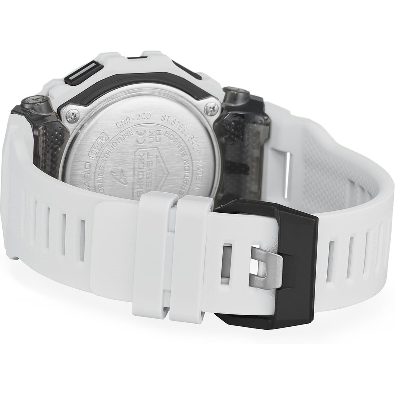 Rückansicht einer weißen Casio Herrenuhr aus Resin, die den Uhrenboden und das weiße Resin-Armband zeigt.