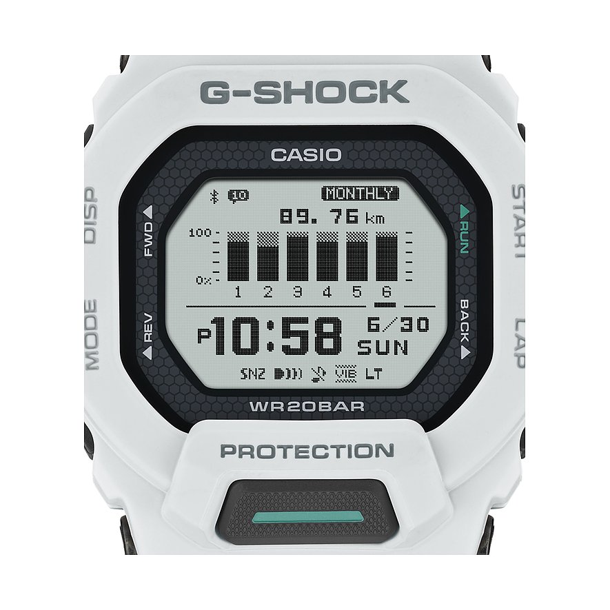 Weiße Casio G-Shock Herrenuhr aus Resin mit digitalem Display, das Zeit und Diagramm anzeigt.