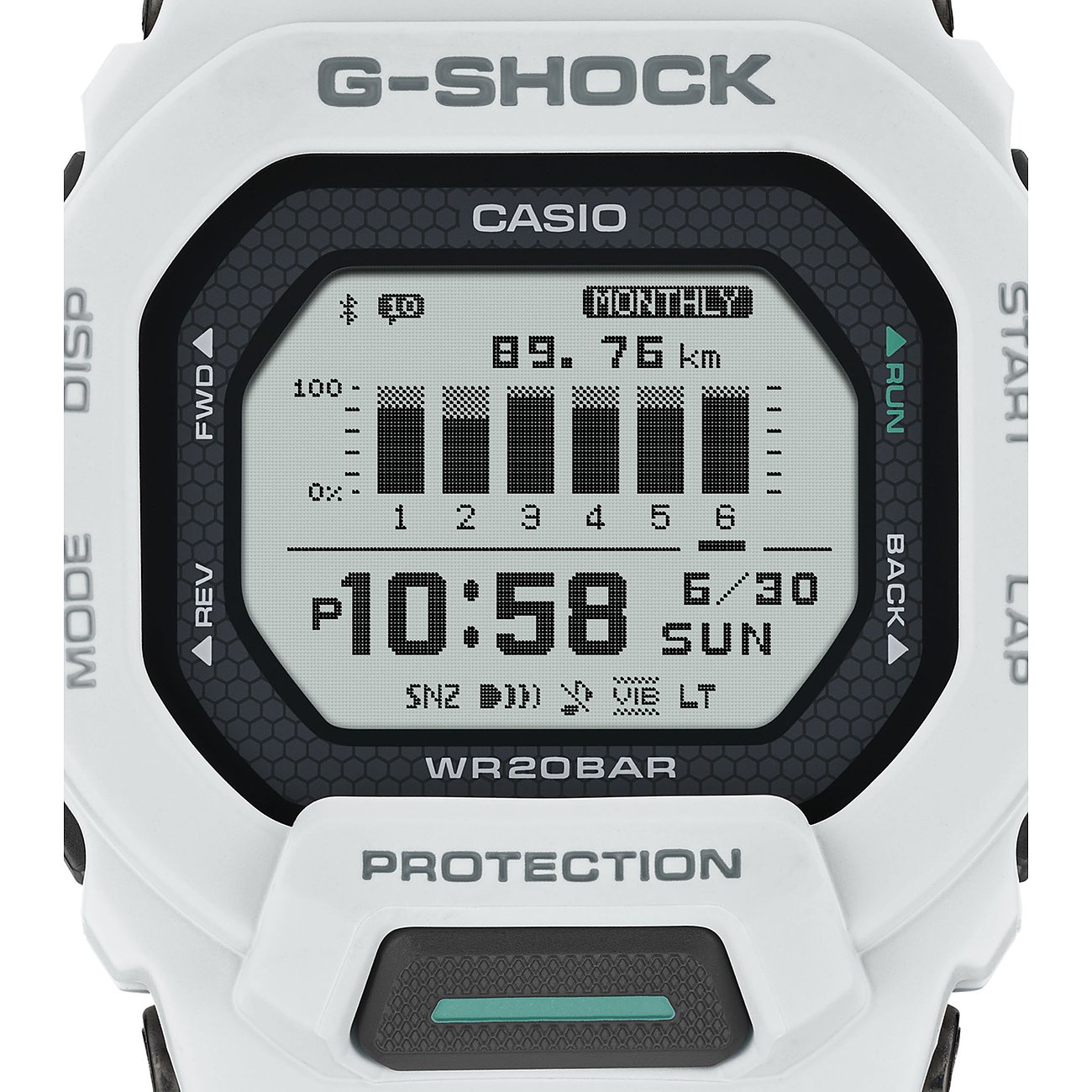 Weiße Casio G-Shock Herrenuhr aus Resin mit digitalem Display, das Zeit und Diagramm anzeigt.