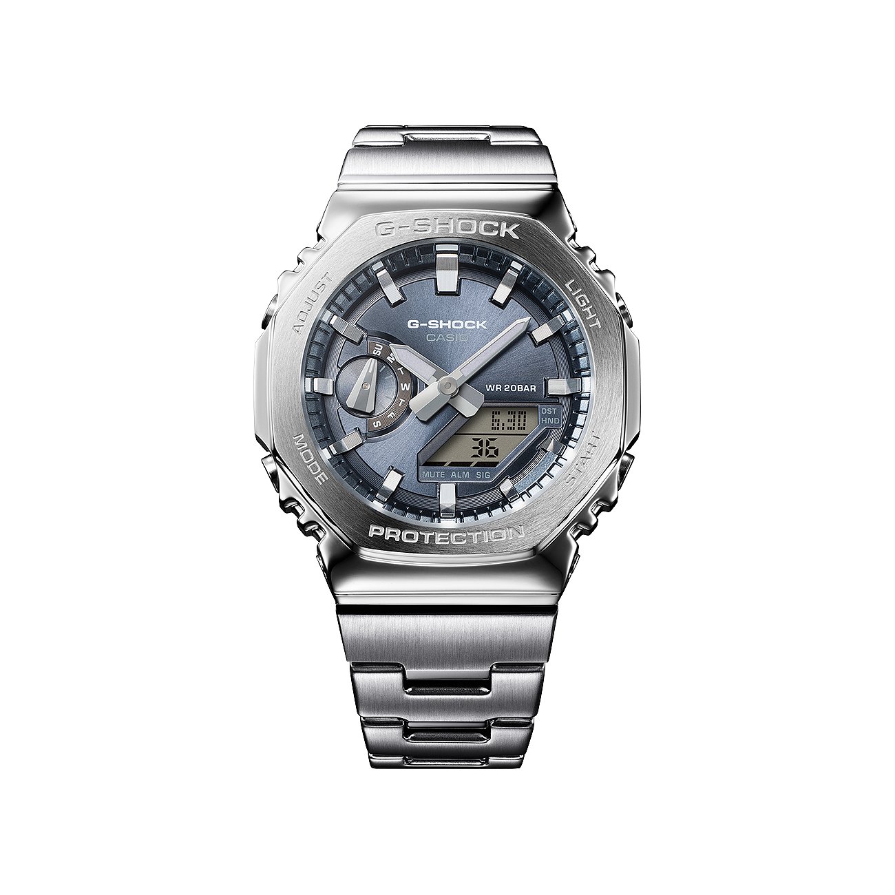Die Casio G-Shock Herrenuhr aus Resin in Silber, mit analogem und digitalem Werk, von vorne als Freisteller.